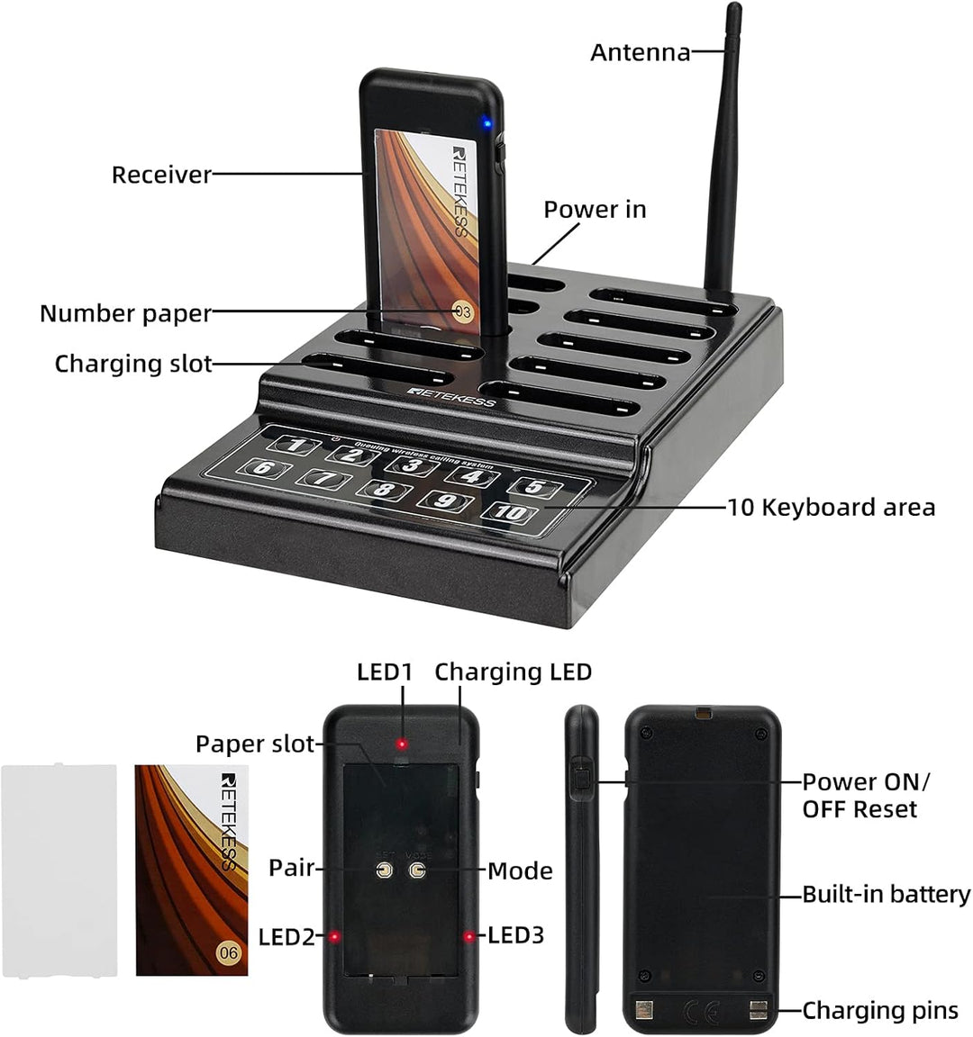 Retekess TD174 Pager Rufsystem, Pager System Restaurant, Einfache Grundlagen, 300M, 3 Anrufmodi, Lad