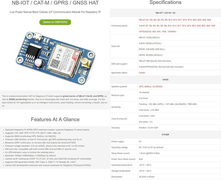 SIM7000G NB-IoT/Cat-M/Edge/GPRS HAT for Raspberry Pi Series, Low Power Narrow Band Cellular IoT Comm