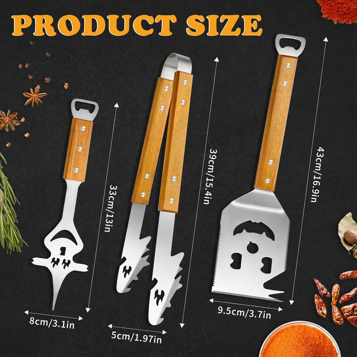 Grillbesteck Set Edelstahl 3-TLG, Grillzange mit Holzgriff Personalisierte, Fleischgabel und Grillwe