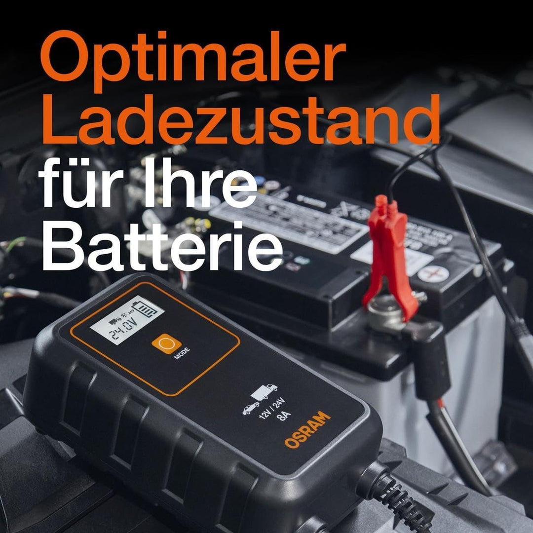 OSRAM BATTERYcharge 908, KFZ-Batteriewartungsgerät 12V & 24V, mobiles KFZ Batterieladegerät für PKW,