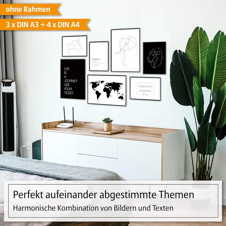 Hyggelig Home Premium Poster Set - 7 harmonische Line Art Bilder - Tiere schwarz weiss Strichzeichnu