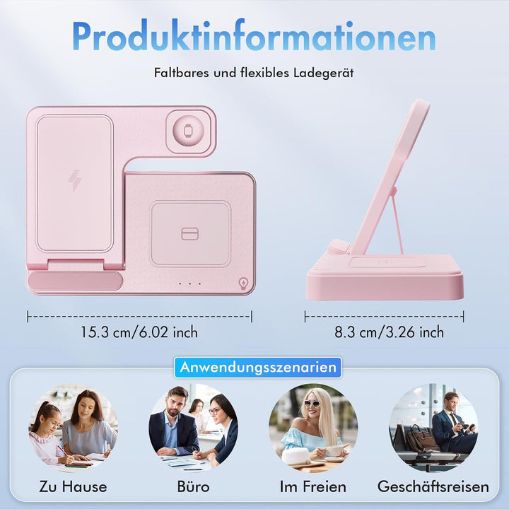 3 in 1 Ladestation Kabellos, 15W Induktive Schnellladegerät für iPhone A03 Rosa, A03 Rosa