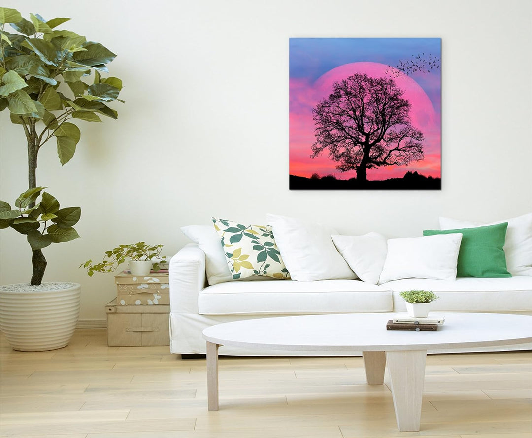 Wandbild 90x90cm Collage – Baum Silhouette vor Supermond auf Leinwand für Wohnzimmer, Büro, Schlafzi