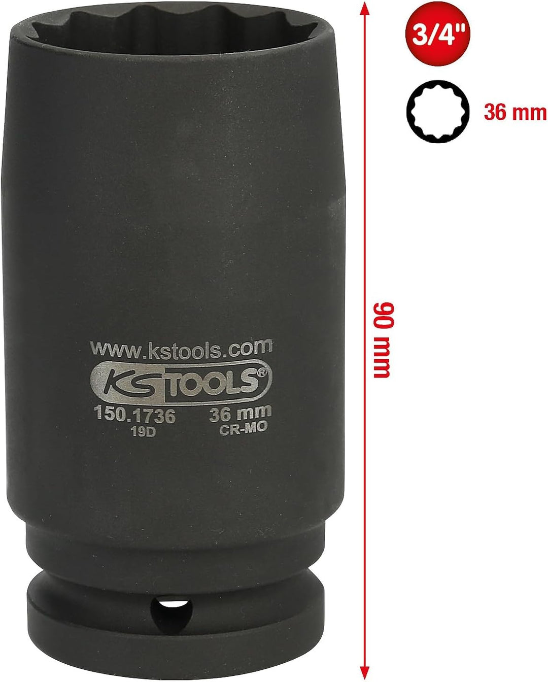 KS Tools 150.1736 Antriebswellen-Kraftstecknuss, 12-kant, 3/4 Zoll, dünnwandig, 36mm