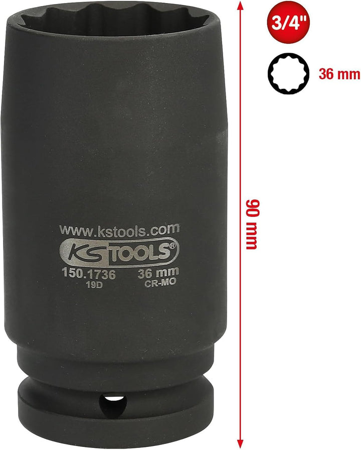 KS Tools 150.1736 Antriebswellen-Kraftstecknuss, 12-kant, 3/4 Zoll, dünnwandig, 36mm