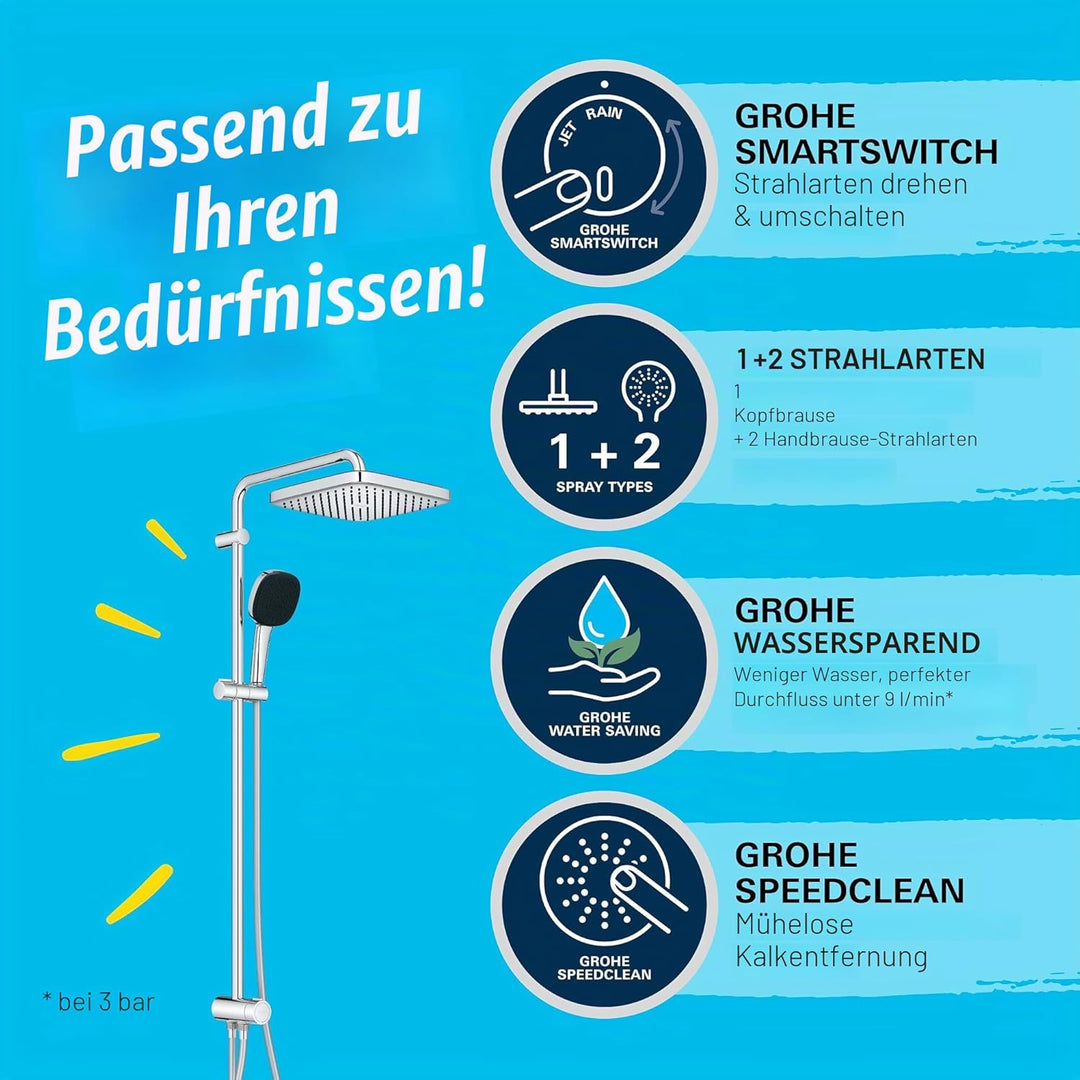 GROHE Vitalio 250 - Duschsystem mit Umstellung, wassersparend ~8l/min (für vorhandene Armaturen, 2 S