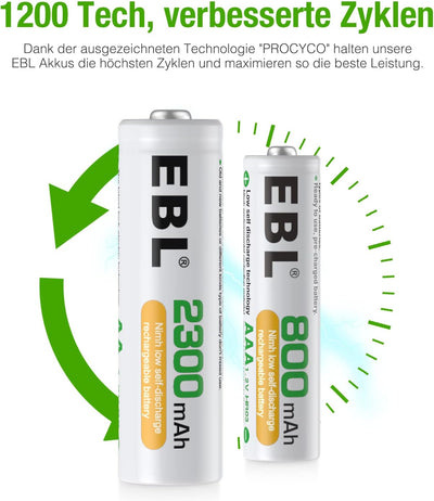 EBL AA und AAA Akku Set - 16 Stück, wiederaufladbare Batterien AA und AAA