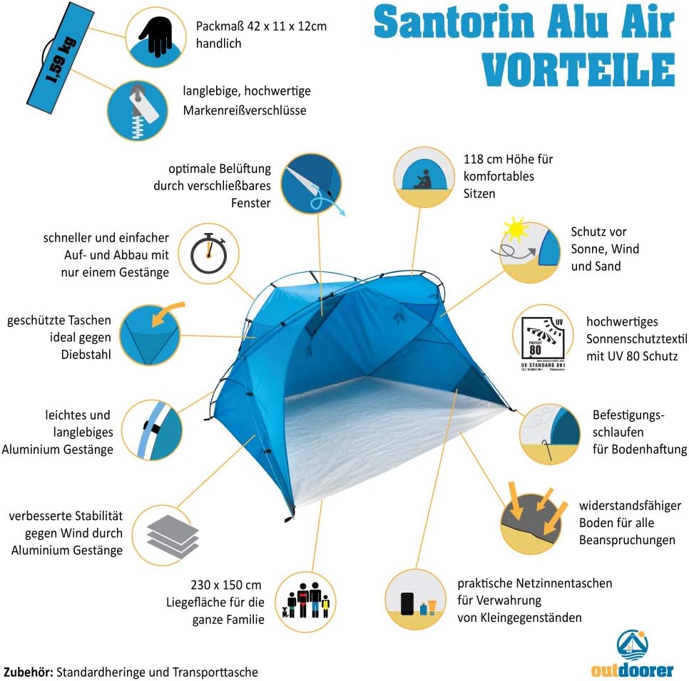 outdoorer grosse Strandmuschel Santorin Alu Air mit Fix up System - XXL Strandzelt mit UV 80 Sonnens