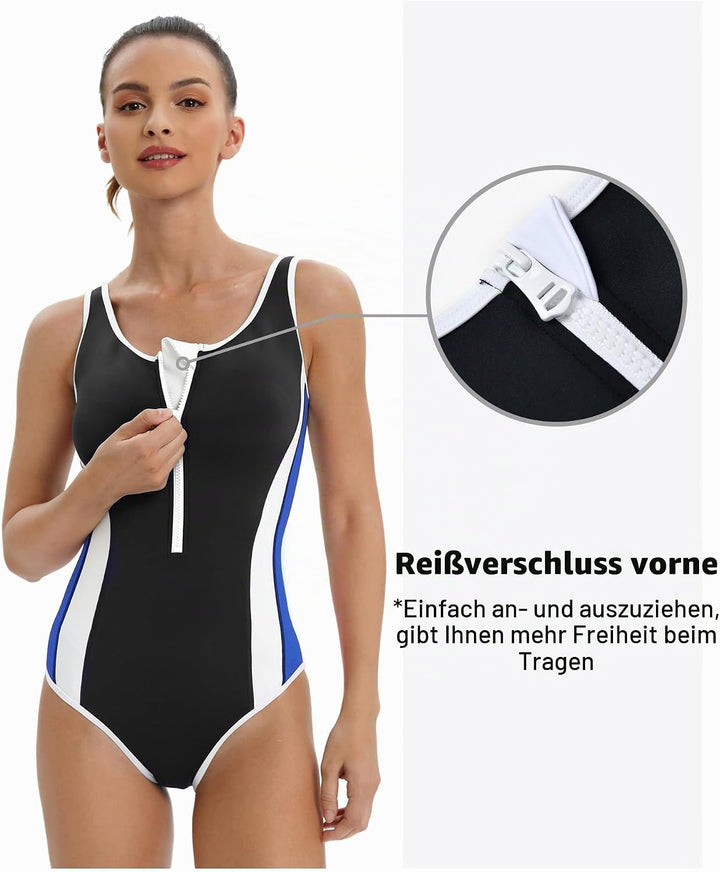 Damen Sport Badeanzug Racerback Schwarz Sport Bademode 38 Blau/Schwarz, 38 Blau/Schwarz