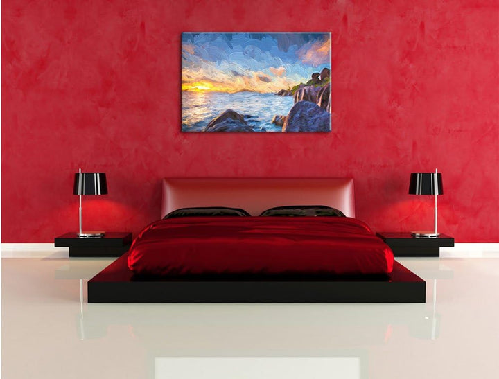 Pixxprint Sonnenuntergang Seychellen Kunst als Leinwandbild/Grösse: 100x70 cm/Wandbild/Kunstdruck/fe