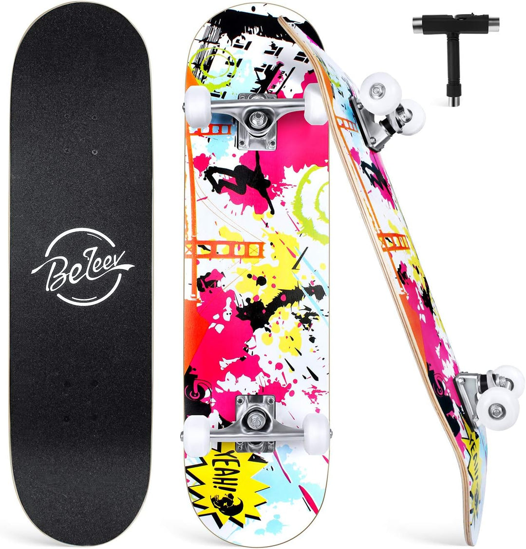 BELEEV Skateboard 31x8 Zoll Komplette Cruiser Skateboard für Kinder Jugendliche Erwachsene, 7-Lagige