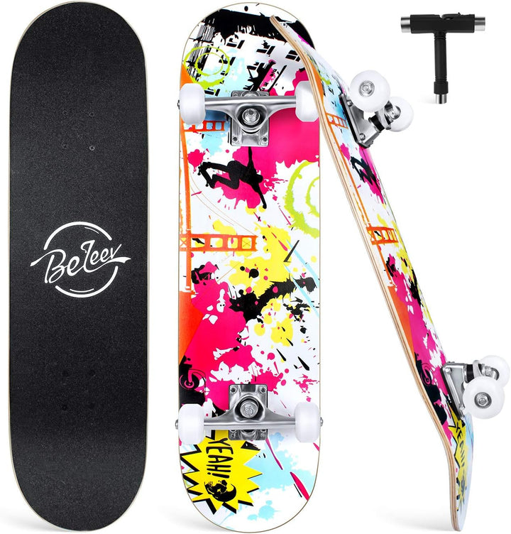 BELEEV Skateboard 31x8 Zoll Komplette Cruiser Skateboard für Kinder Jugendliche Erwachsene, 7-Lagige