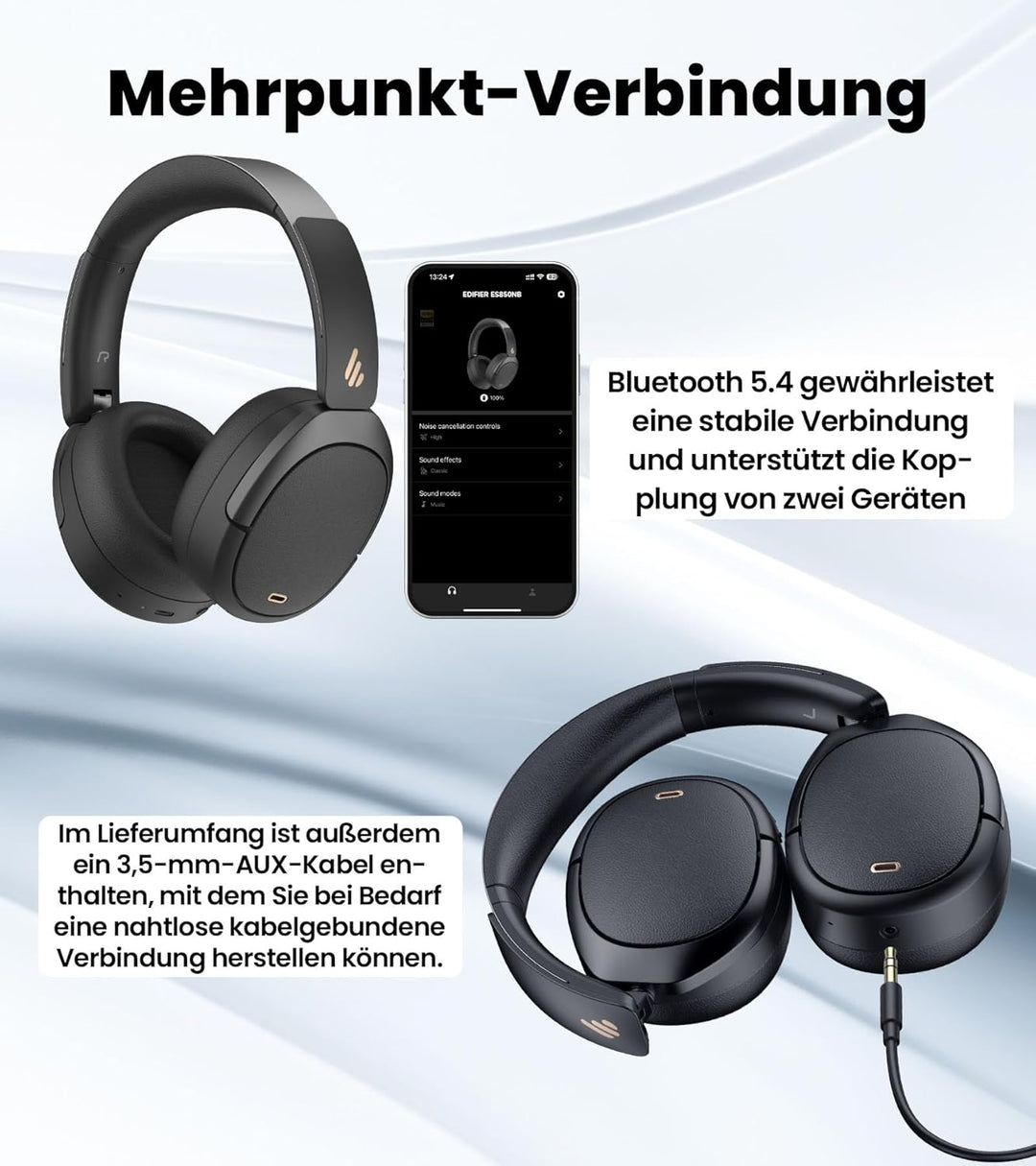 Edifier W80 Faltbare Over-Ear-Bluetooth-Kopfhörer mit aktiver Geräuschunterdrückung (-49 dB), LDAC H