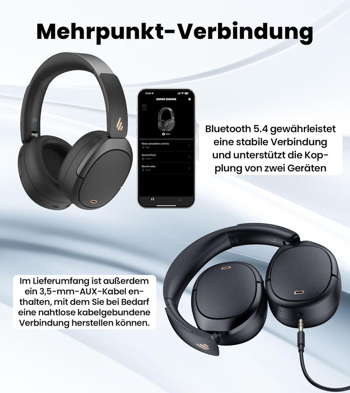 Edifier W80 Faltbare Over-Ear-Bluetooth-Kopfhörer mit aktiver Geräuschunterdrückung (-49 dB), LDAC H