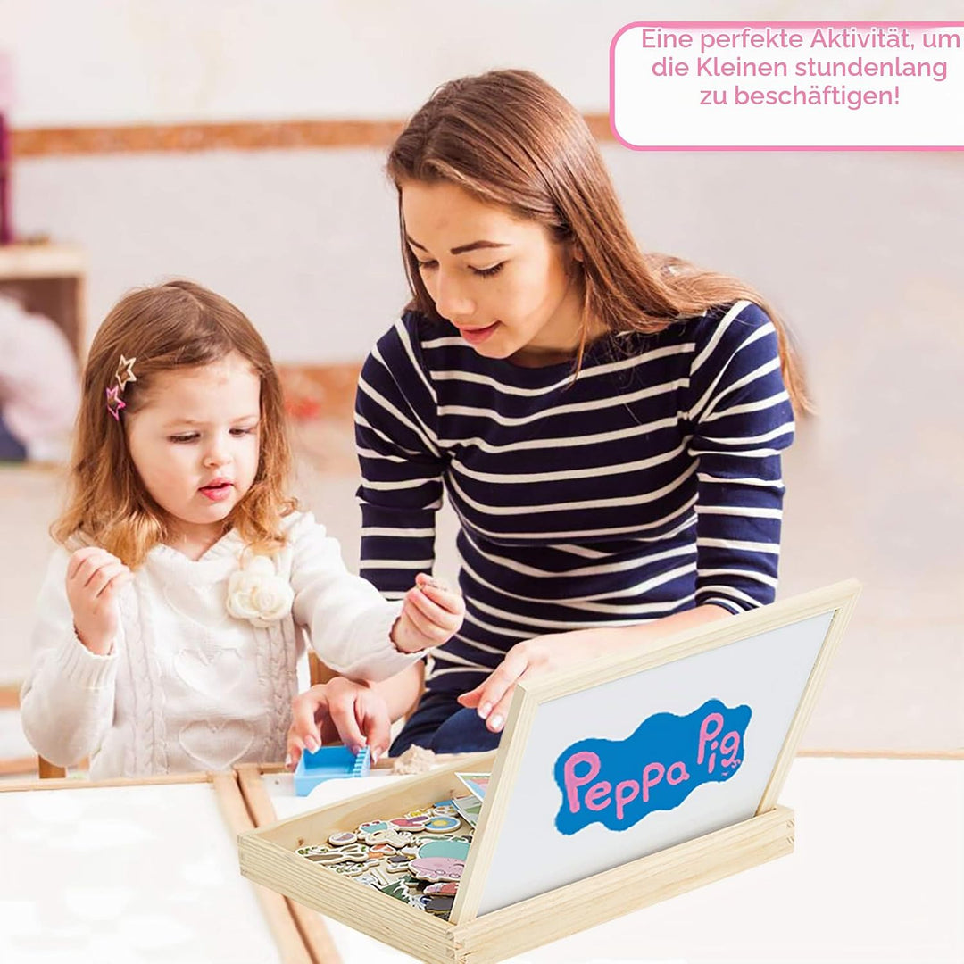 Peppa Pig Magnetische Holzpuzzle, Doppelseitiger Kreide und Magnettafel Kinder, Puzzle und Maltafel