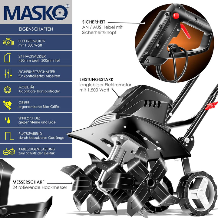 MASKO® elektrische Motorhacke 1500 Watt | 40cm Arbeitsbreite 20cm Arbeitstiefe | Bodenhacke | Ackerf