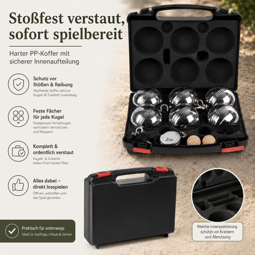 Boule Set 6/8 Metallkugeln mit Hartschalenkoffer–Petanque &amp; Boccia Spiel mit Zielkugel, Abstandsmess
