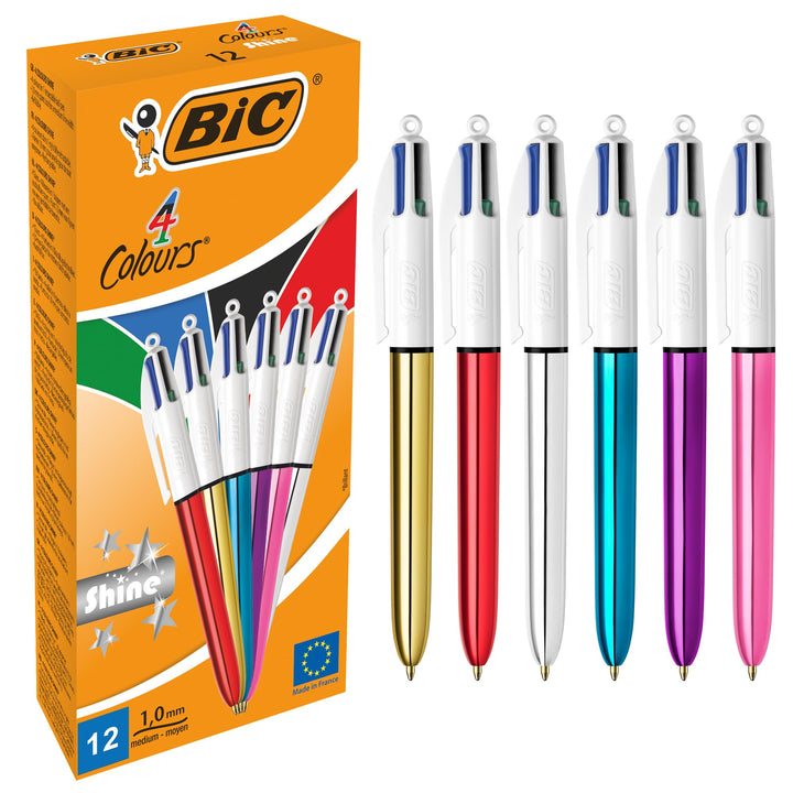 BIC 4 Farben Kugelschreiber Set 4 Colours Shine, in verschiedenen Farben, 12er Pack, Ideal für das B