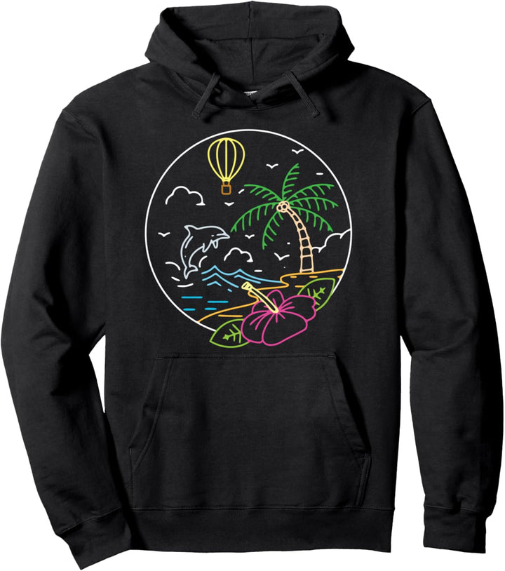 Surfen Strand Wellen Palme Delphin Hibiskus Retro Surfer Pullover Hoodie