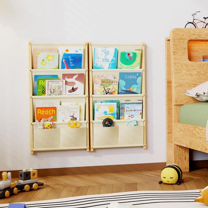 Bücherregal Kinder Wand Holz, mit 4 Lagige Taschen Wandregal Bücher Kinder, Montessori Bücherregal f