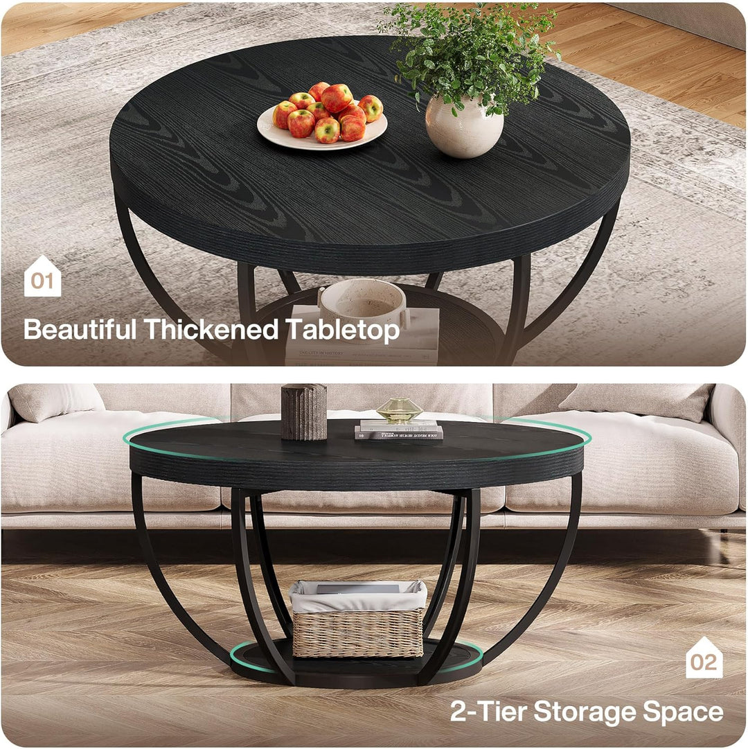 Tribesigns Couchtisch rund Ø80 cm, Industrial 2-Tier-Kreis Couchtisch mit Stauraum, Holztisch Akzent