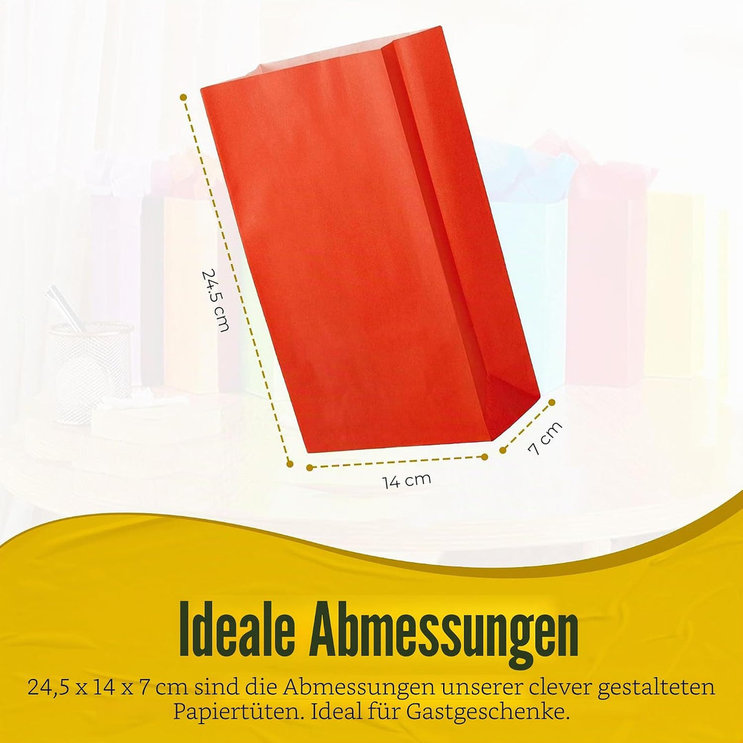 Thepaperbagstore 50 Rote Partytüten aus Papier – 14x24.5x7cm - Bunte Geschenktüten aus Papier für Ki