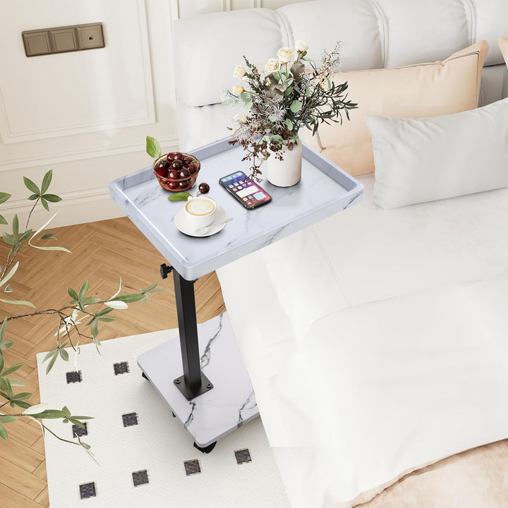 Beistelltisch mit Rollen, Beistelltisch Höhenverstellbar haben 360° Rotierend, C-Form Sofa Tisch für