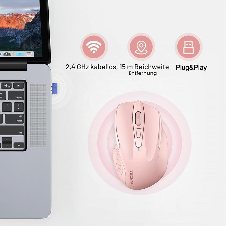 TECKNET Wiederaufladbare, 2.4G Kabellose Maus mit leisem Klick, 4800 DPI, 6 Einstellbar, Ergonomisch