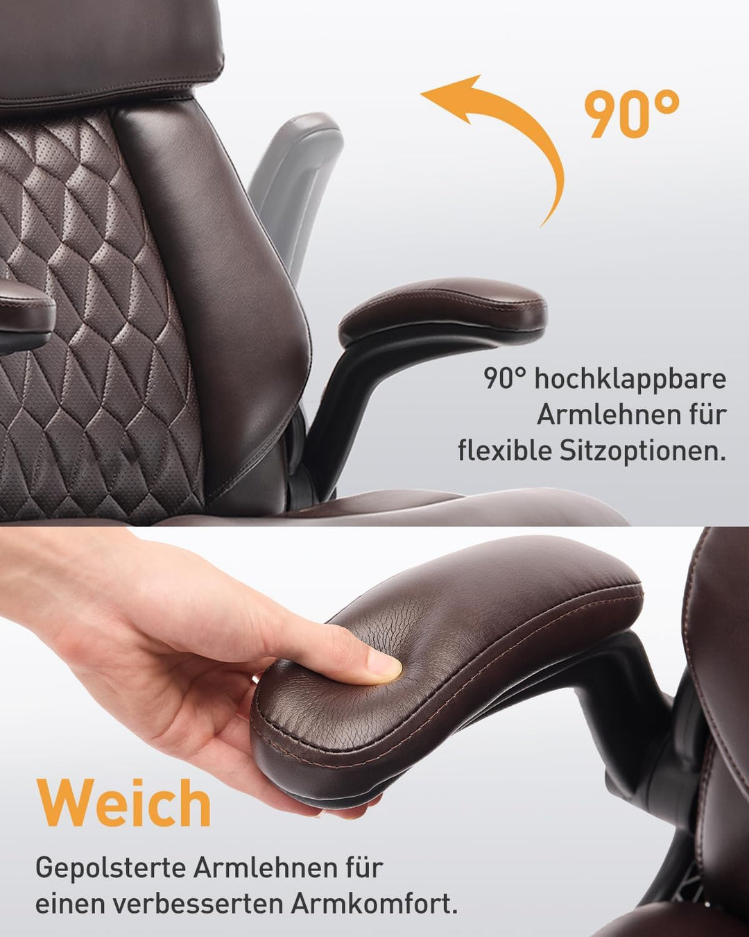 COLAMY Ergonomischer Chefsessel mit Lordosenstütze, gepolsterten Hochklapparmen und Kippverstellung