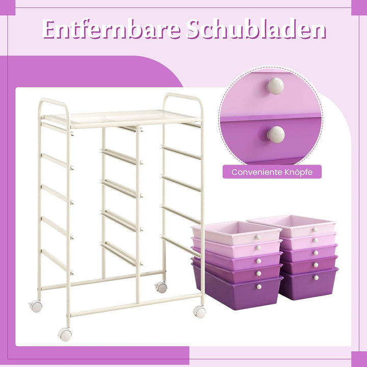COSTWAY Rollwagen mit 10 stapelbaren Schubladen, Schubladenwagen Rollcontainer mit Metallgestell und