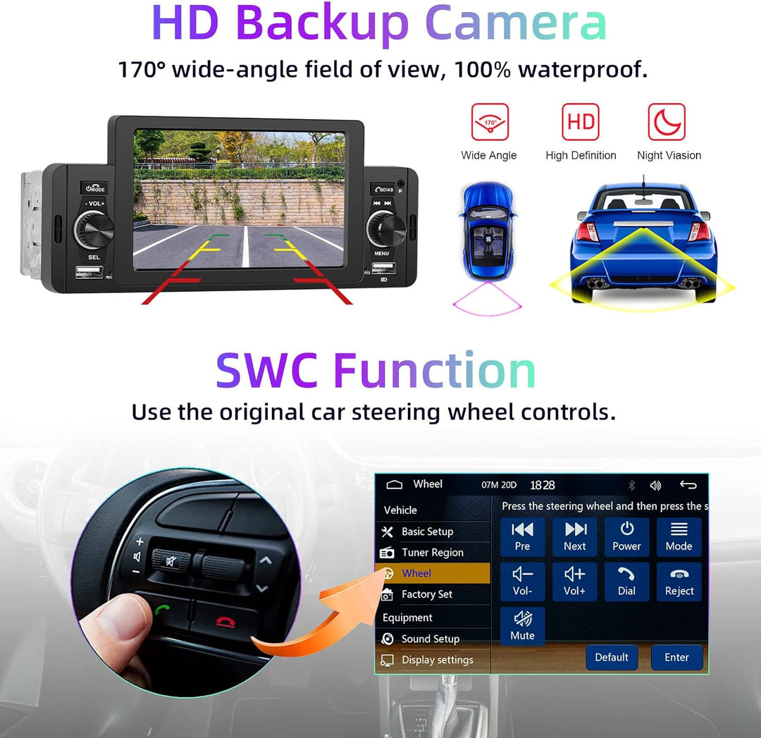 Podofo Autoradio 1 Din mit Apple Carplay Bluetooth 5.1 Android Auto, 5 Zoll Auto Radio Stereo mit Bi
