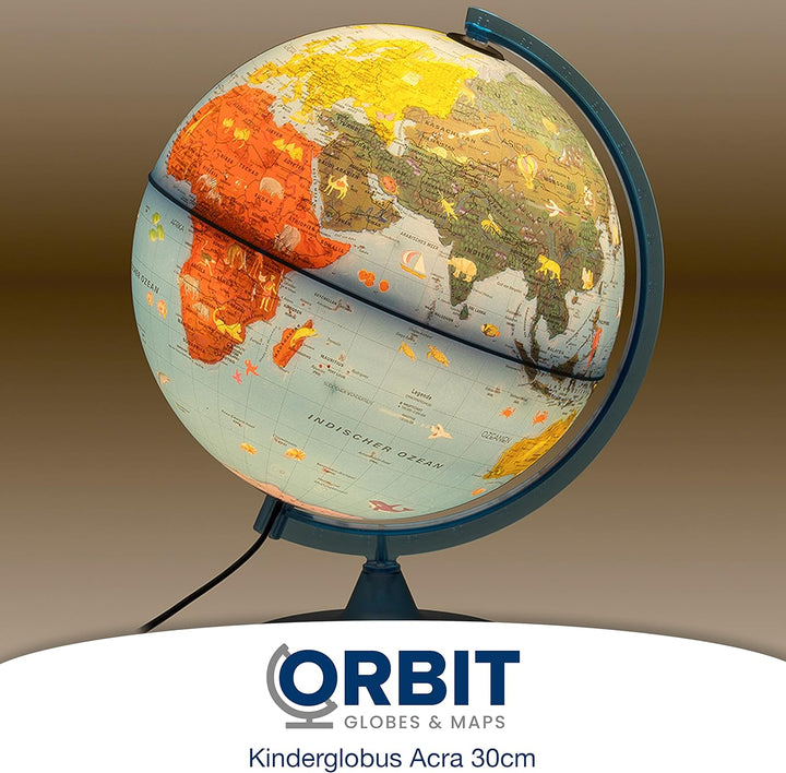 ORBIT GLOBES &amp; MAPS Kinderleuchtglobus 30cm mit Tieren, Kunststoff Fuss, deutsch mit stabilem Hartpl