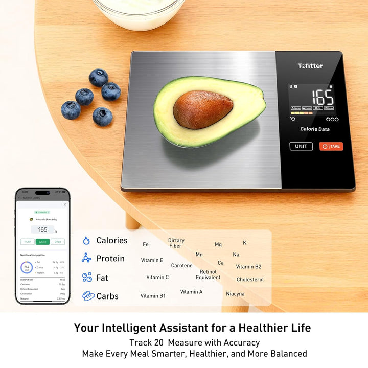 Smart Küchenwaage Bluetooth Ernährung Lebensmittelwaage mit kostenloser App Verfolgt 20 Nährstoffe &