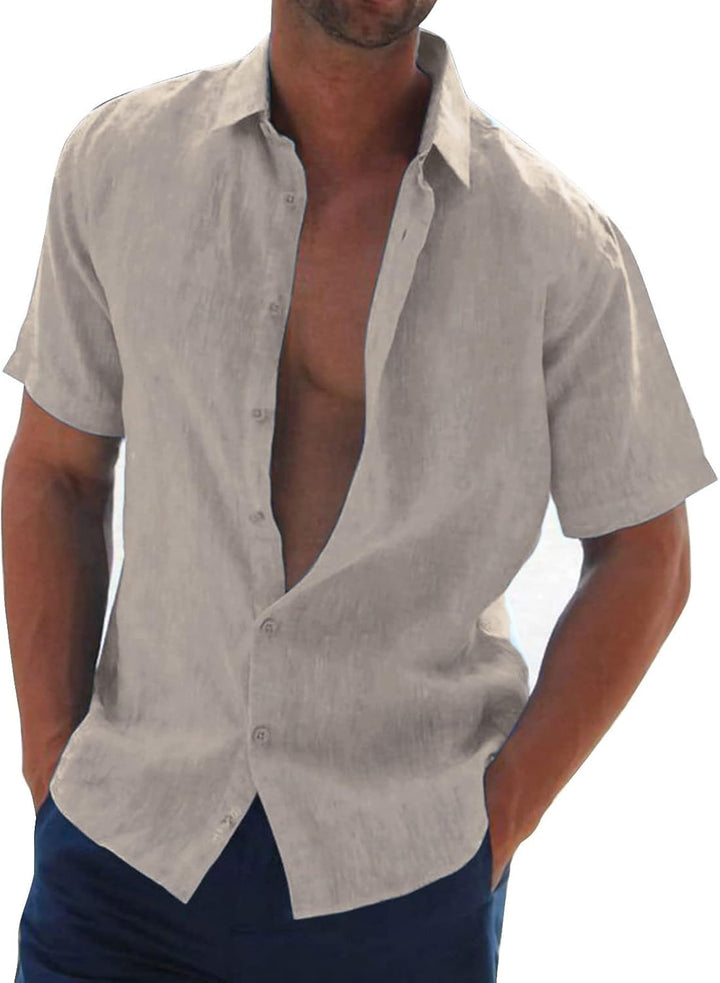 Halfword Leinenhemd Herren Kurzarm Hemd Sommer Freizeithemd Strandhemd Baumwolle Leinen Einfarbig Sh