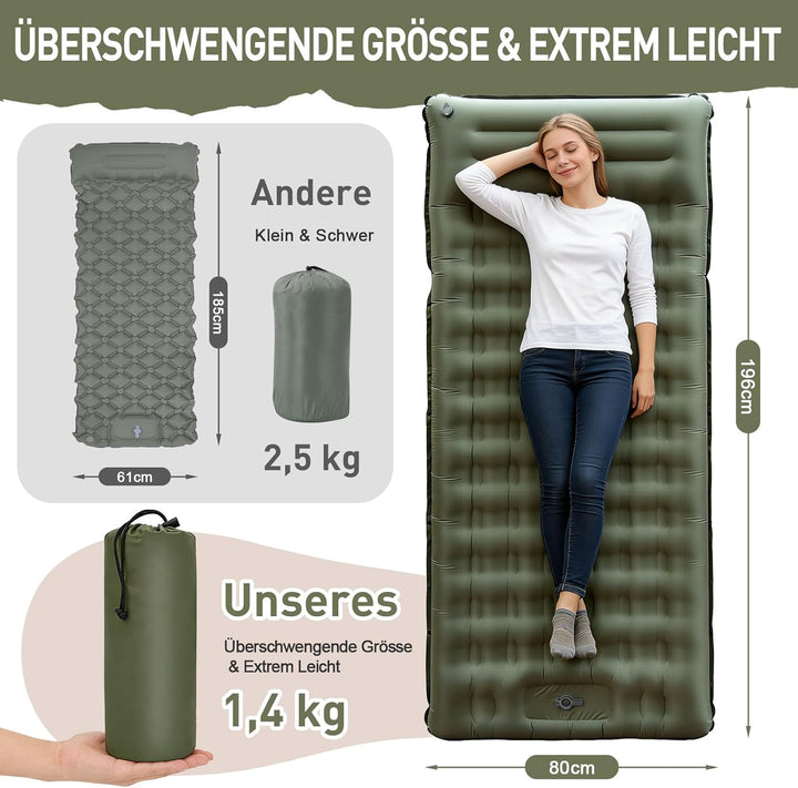 Isomatte Camping, 14CM Verbreitert und verdickt Aufblasbare Matratze mit Eingebauter Fusspresse Pump
