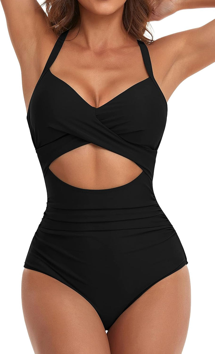 Eomenie Damen-Badeanzug, Einteiler, Bauchkontrolle, hohe Taille, Ausschnitt, Wickelband im Rücken, 1