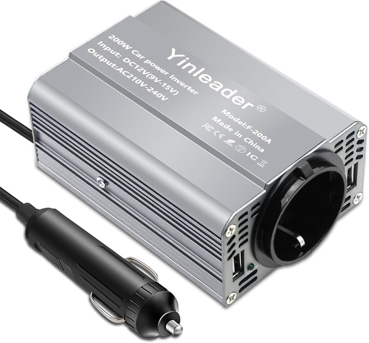 Yinleader Wechselrichter 200W DC 12V auf 230V AC KFZ-Spannungswandler 1 Euro-Steckdosen 2 USB mit Zi