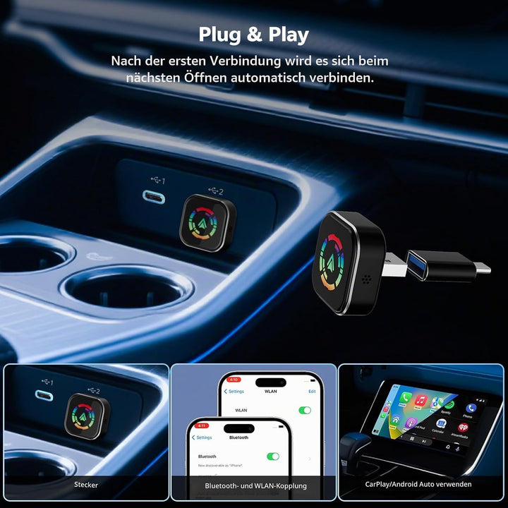 Wireless CarPlay Adapter, 2 in 1 Konvertieren Wired Carplay/Android Auto in Wireless, Typ-C und USB,