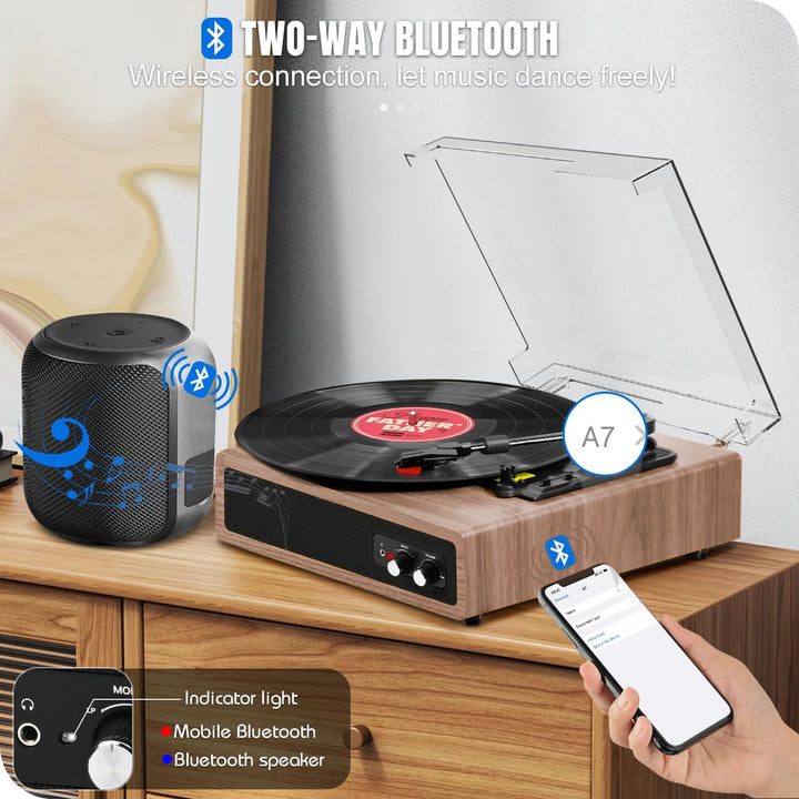 Plattenspieler, FYDEE Vinyl Plattenspieler mit Eingebauten Stereo-Lautsprechern, 3 Geschwindigkeiten