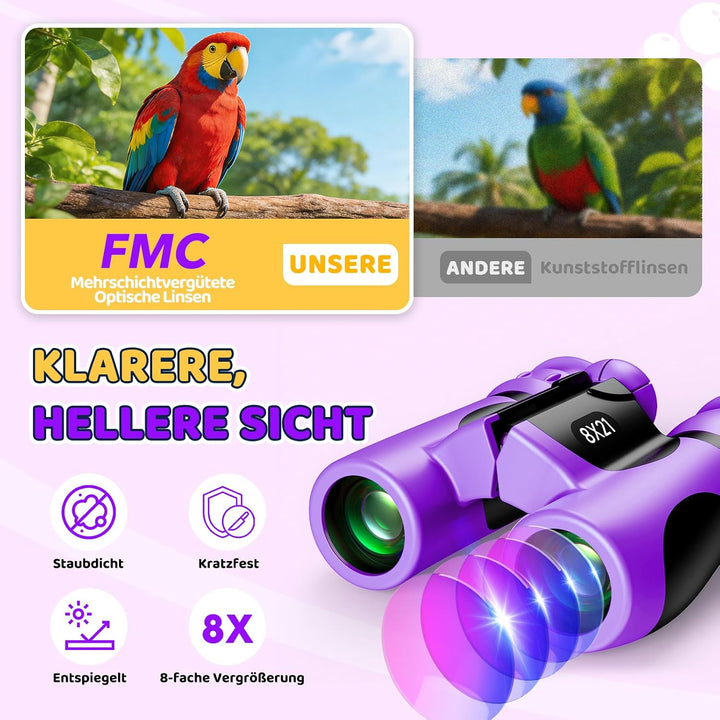 GeschenPark Fernglas Abenteuer Set mit Entdeckungskarten – Kompass – Lupe, Violett 8X-Violett, 8X-Vi