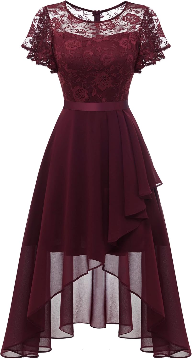 Wedtrend Abendkleid Damen Elegant für Hochzeit High Low Cocktailkleid Chiffonkleid mit Spitzen A Lin