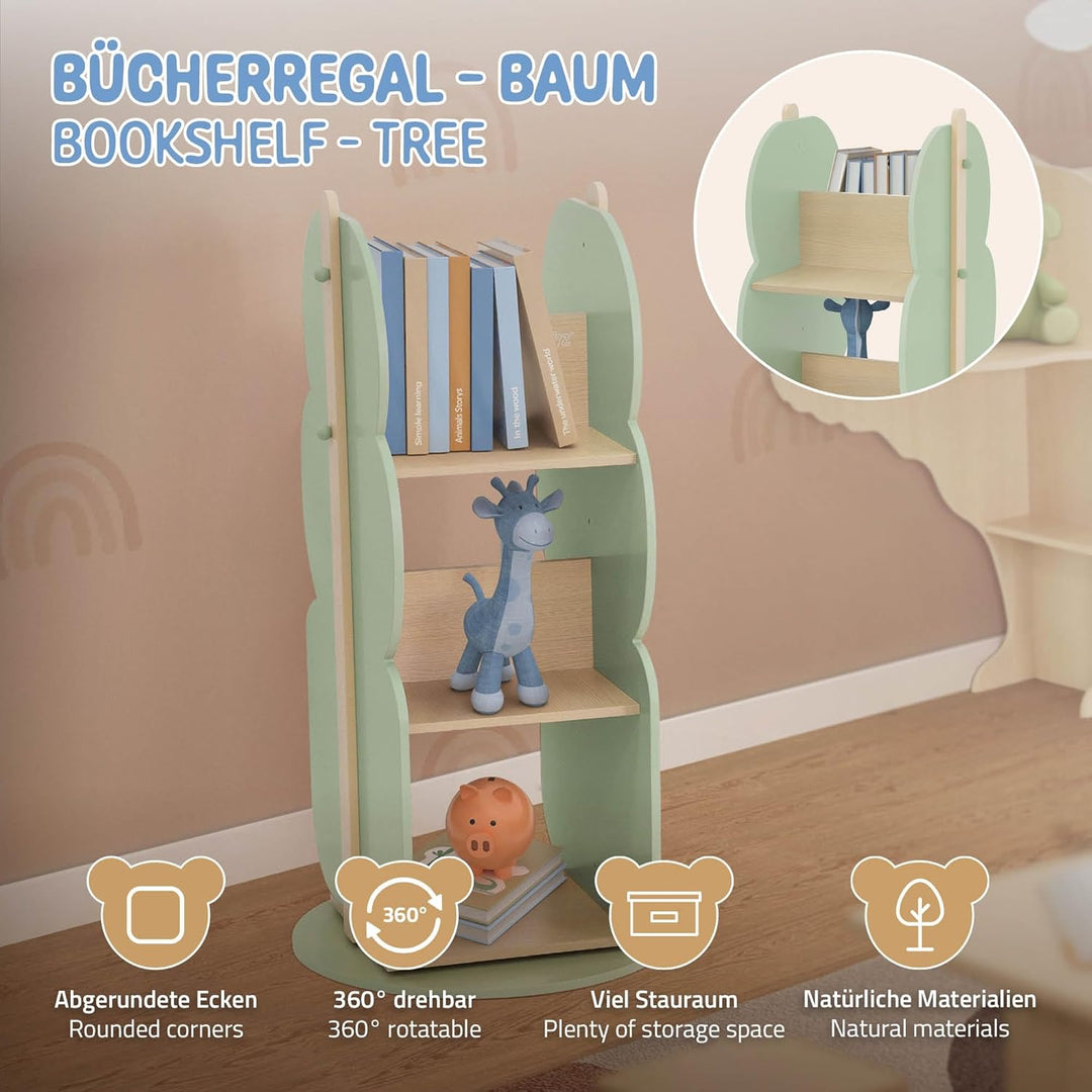 Joyz Bücherregal Kinder Baum-Form, Ø 48 x 96 cm, Grün-Natur, 2 Seitiges Kinderregal aus Holz mit 5 R