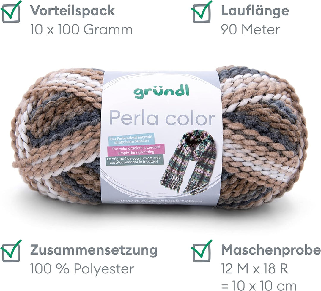Gründl 3354-26 Perla Color Wolle, 100% Polyester, schierfergrau-karamell-weiss multicolor, 39 x 20 x
