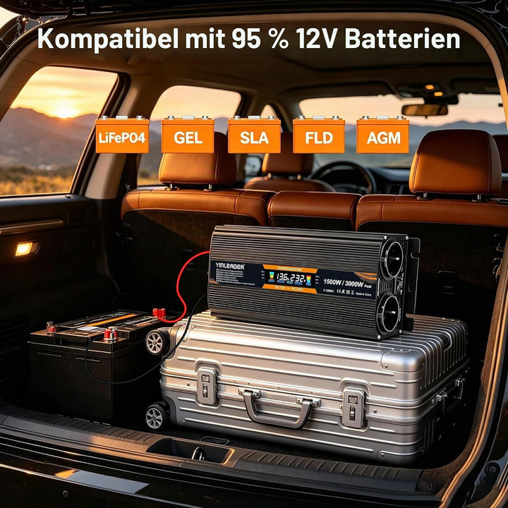 Spannungswandler 12V 230V 1500W 3000 Watt Wechselrichter LCD | stromumwandler mit 2 Steckdose