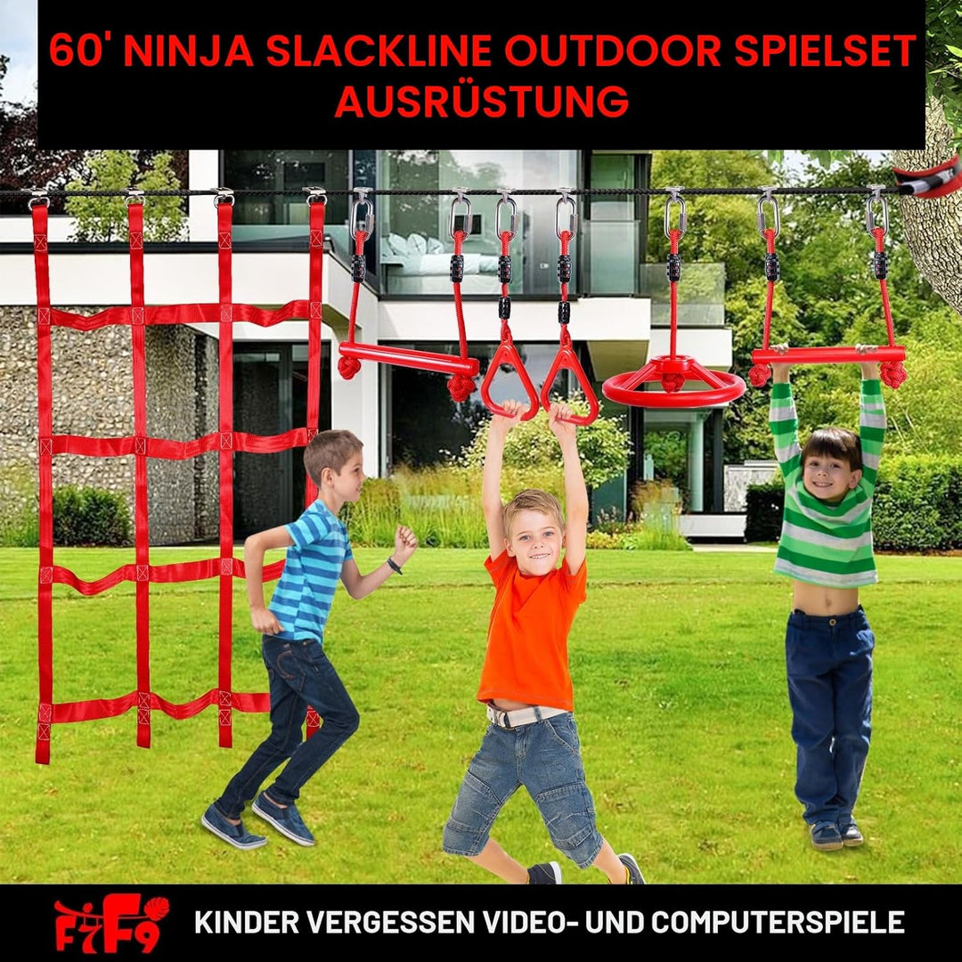 18 Meter Langer Ninja-Warrior-Hindernisparcours für Kinder – Slackine-Spielset mit Kletterstangen, T