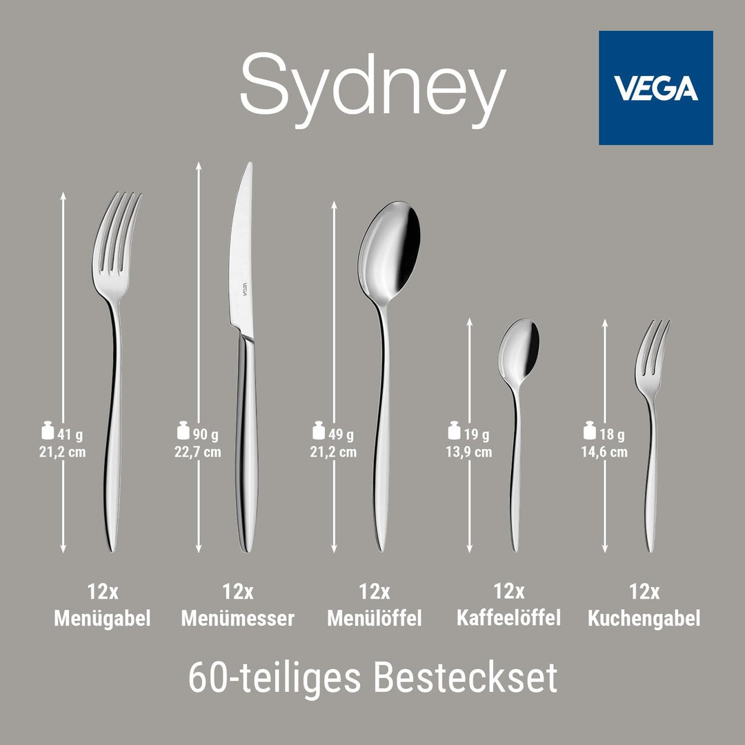 VEGA Sydney Besteckset 60-teilig für 12 Personen Edelstahl 18/10 | Silber, Hochglanzpoliert, Spülmas