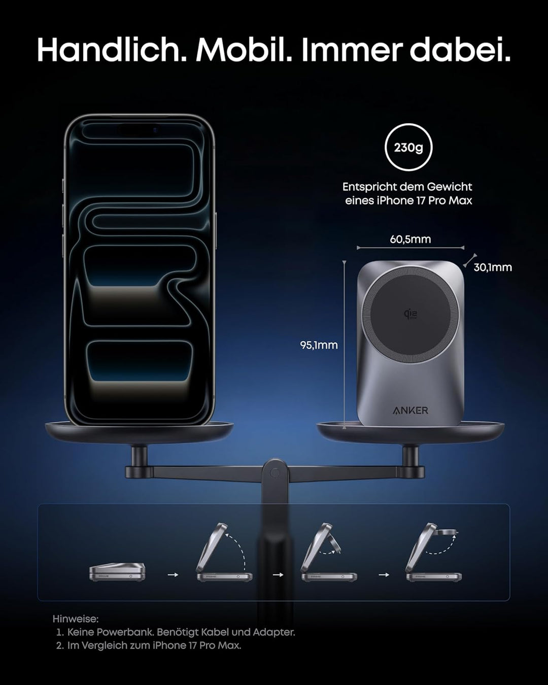 Anker Prime 3-in-1 Ladestation, AirCool kabelloses Ladegerät, 25W Qi2.2-Zertifiziert, kompakt & falt