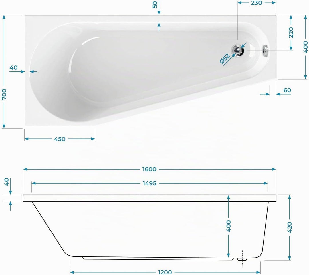 Calmwaters® Raumsparende Eckbadewanne 160x70 cm, Acrylwanne Essential Small, platzsparende Badewanne