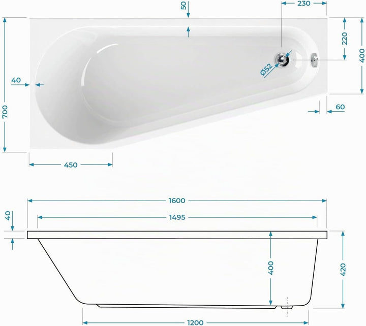 Calmwaters® Raumsparende Eckbadewanne 160x70 cm, Acrylwanne Essential Small, platzsparende Badewanne