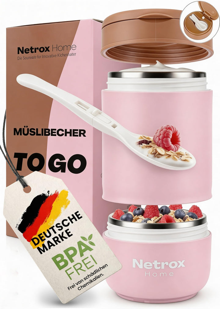 NetroxHome - Müslibecher To Go mit Löffel, Auslaufsicherer Joghurtbecher aus Edelstahl, Lunchbox, Mü
